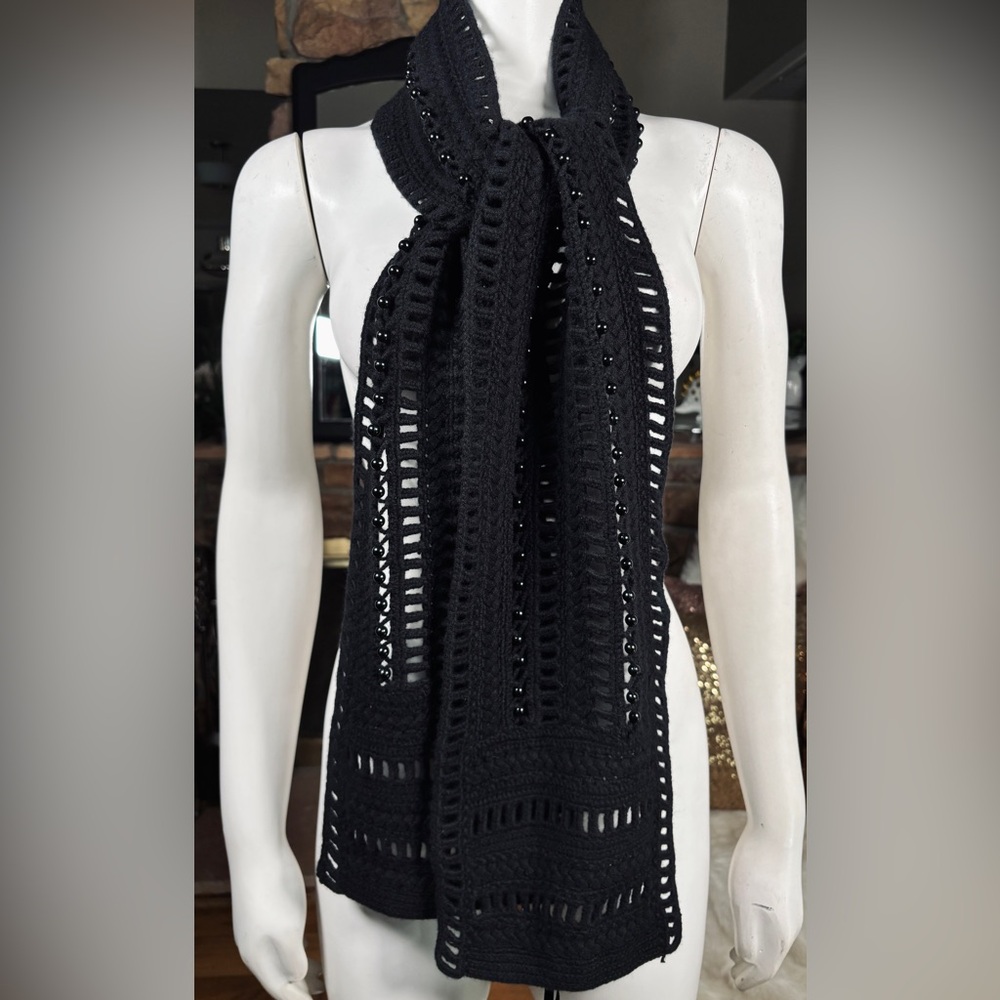 Catherine Malandrino Black Cashmere Crochet 68” Scarf w/ Black Beads